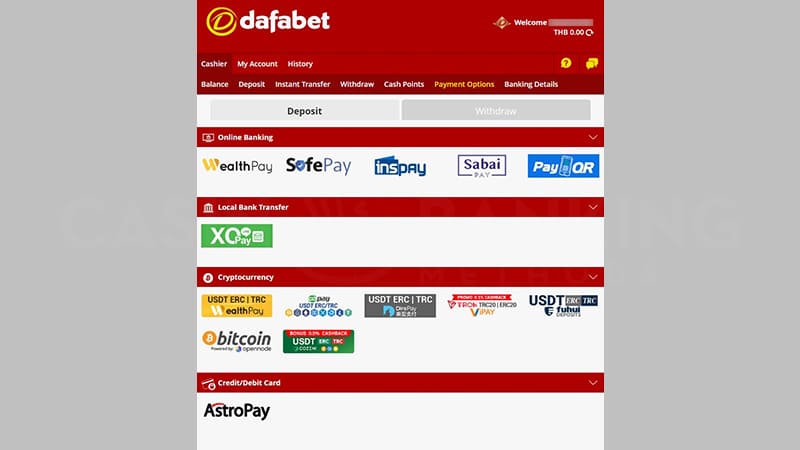 Dafabet casino Thailand deposit methods