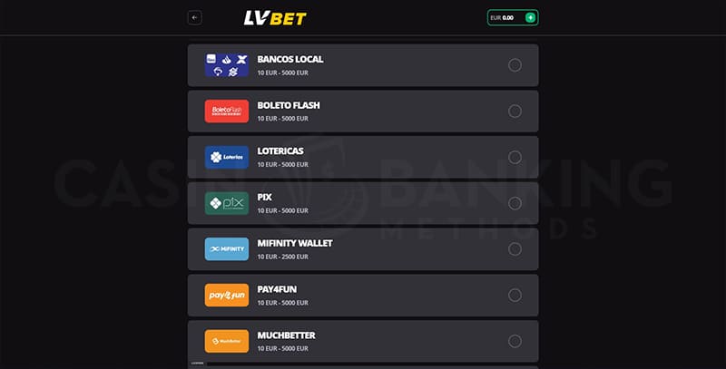 LV BET casino Brazil banking methods