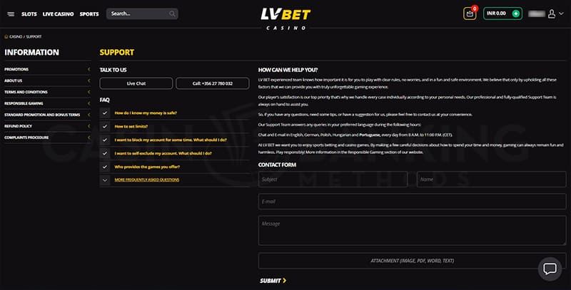 LV BET casino support page