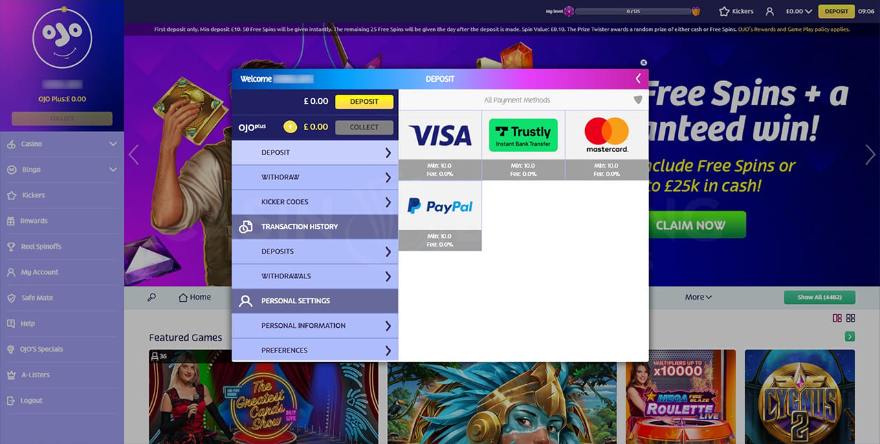 PlayOJO casino deposit page