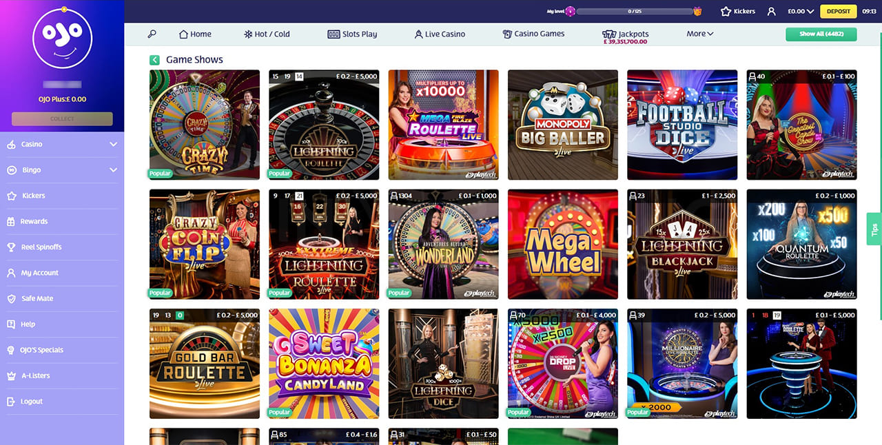 PlayOJO casino live dealer games selection