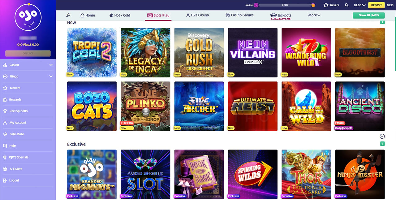 PlayOJO casino video slots selection